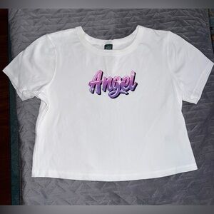 👼 Wild Fable Juniors White Crop Top 'Angel' Graphic Sz XL Graffiti art Coquette